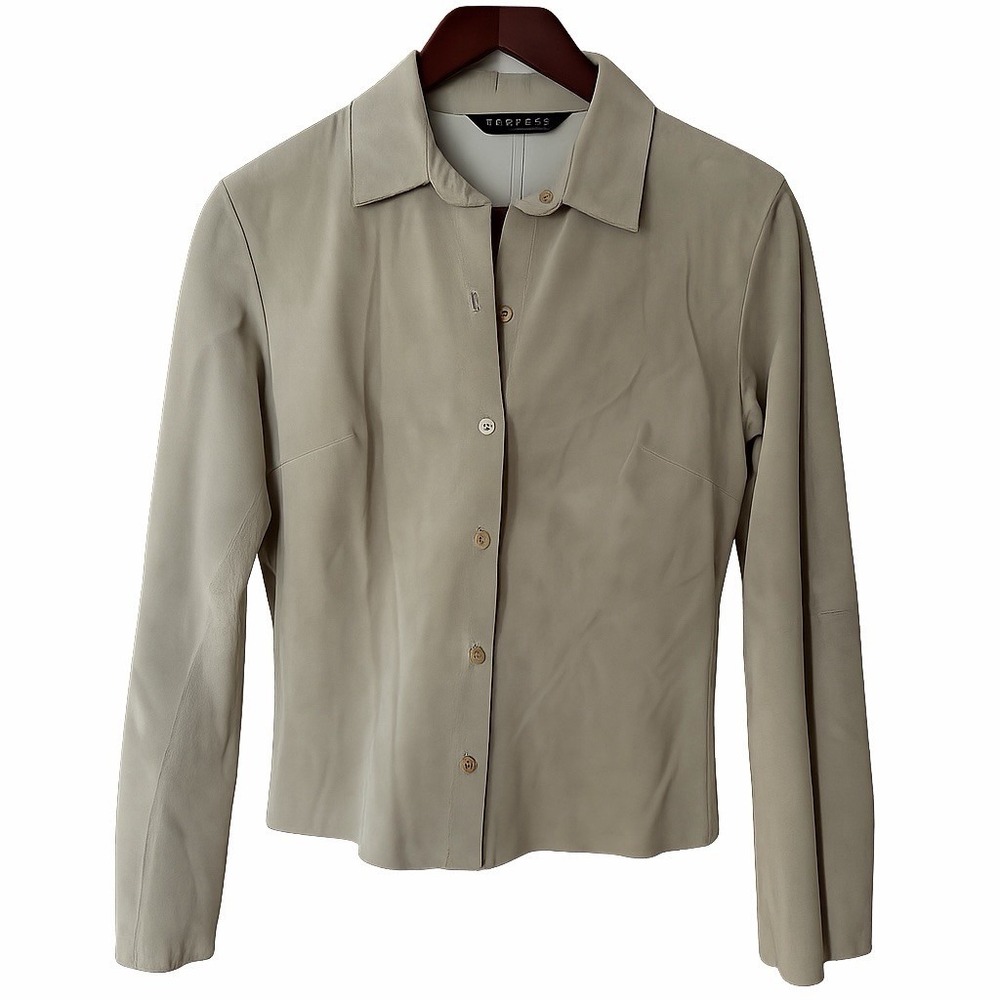 Express 100% Suede Leather Jacket XS Cream Beige Fitted Blazer Style Button Up‎
